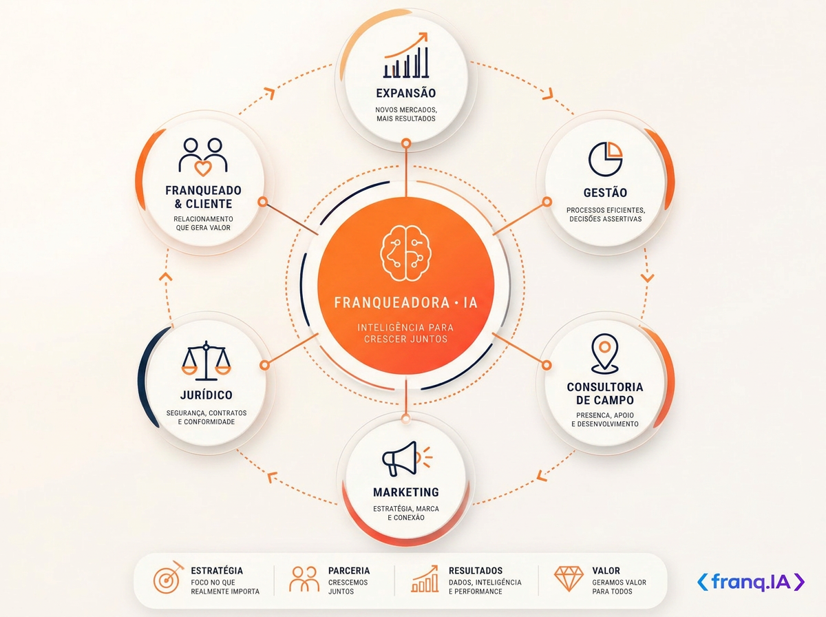 Diagrama do ecossistema de IA da franqueadora, com a inteligência central conectada a expansão, gestão, consultoria de campo, marketing, jurídico e franqueado e cliente.